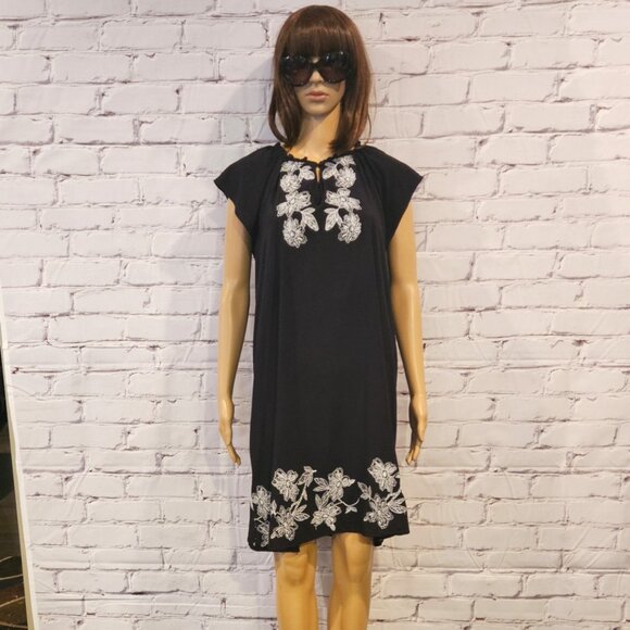 LOFT, Black short sleeve midi dress with floral embroidery - Picture 2 of 6